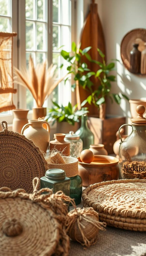 A beautifully arranged display of sustainable materials inspired by earthy colors, featuring woven textiles like jute and hemp in the foreground, alongside repurposed wooden furniture. In the middle ground, showcase handcrafted decor items made from recycled glass and metal, emphasizing natural textures and organic shapes. The background should include a soft, sunlit room with greenery peeking through a window, casting gentle shadows. Use a warm color palette of browns, greens, and muted ochres to create an inviting atmosphere. Capture this scene with a close-up angle to highlight the details and textures. Inspired by Pinterest aesthetics, imagine the space as authentic and inspiring. Include a subtle branding element of "KlickKiste" integrated into the decor.
