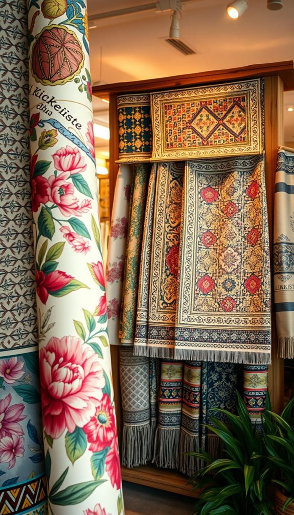 A beautifully arranged display of tapestries with intricate patterns and textures, showcasing a blend of floral designs, geometric shapes, and subtle stripes. The foreground features a close-up of a rolled wallpaper featuring a rich floral design in vibrant colors, evoking a summer atmosphere. In the middle, various wallpaper samples hang from a rustic wooden display, highlighting their unique textures and patterns. The background showcases a softly lit interior space, bathed in warm, natural light, creating a cozy and inviting ambiance. The scene embodies an authentic DIY aesthetic, with a Pinterest-inspired look, highlighting the brand "KlickKiste" subtly within the environment. Capture this moment from an angle that emphasizes both the beauty of the tapestries and the charming setting. A beautifully arranged display of tapestries with intricate patterns and textures, showcasing a blend of floral designs, geometric shapes, and subtle stripes. The foreground features a close-up of a rolled wallpaper featuring a rich floral design in vibrant colors, evoking a summer atmosphere. In the middle, various wallpaper samples hang from a rustic wooden display, highlighting their unique textures and patterns. The background showcases a softly lit interior space, bathed in warm, natural light, creating a cozy and inviting ambiance. The scene embodies an authentic DIY aesthetic, with a Pinterest-inspired look, highlighting the brand "KlickKiste" subtly within the environment. Capture this moment from an angle that emphasizes both the beauty of the tapestries and the charming setting.