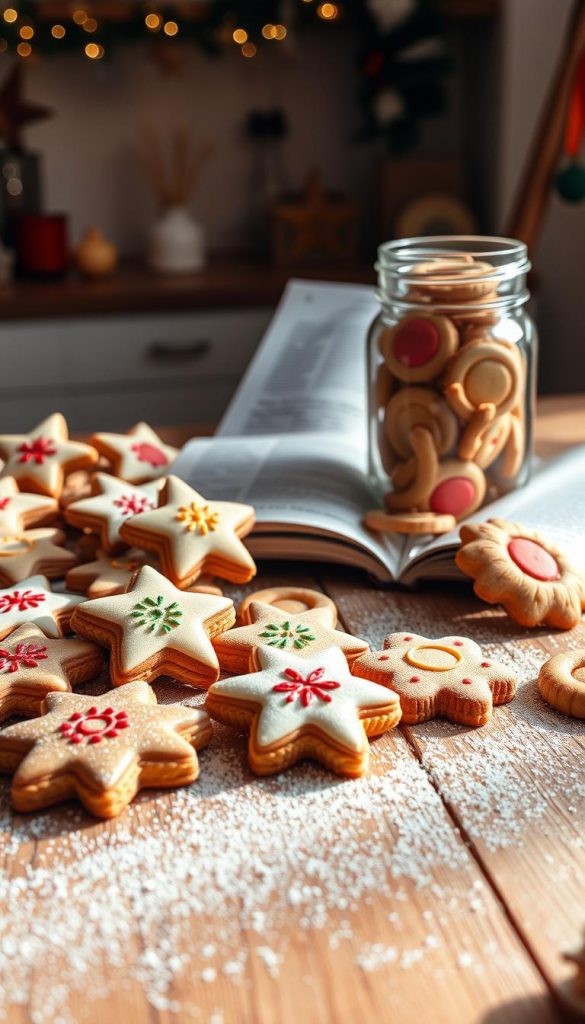 A beautifully arranged display of traditional German plätzchen, featuring a variety of decorated cookies such as star-shaped, crescent, and round forms, each showcasing intricate icing designs and colorful sprinkles. In the foreground, a rustic wooden table is dusted lightly with flour, hinting at the baking process. A heartwarming, natural light filters in from the side, casting soft shadows and warm tones across the scene. In the middle ground, a glass jar filled with freshly baked plätzchen sits beside an open recipe book, suggesting meal prep and storage methods. The background features a softly blurred kitchen setting with festive decorations, enhancing the cozy atmosphere. This image should convey an inviting and inspiring mood, perfect for illustrating the theme of keeping cookies fresh and planning ahead. Ideal for a "KlickKiste" feature.