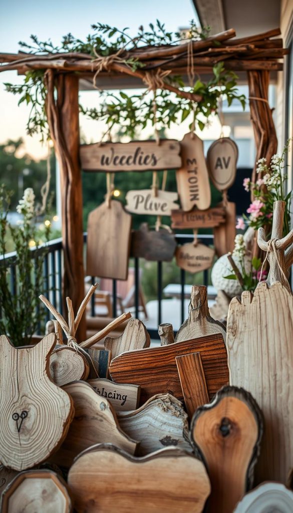 A beautifully arranged display of upcycled wooden signage, showcasing signs made from wooden planks, branches, and driftwood, exuding a rustic charm. In the foreground, a close-up view presents intricately crafted signs with unique shapes, displaying natural wood textures and organic forms. The middle layer features several signs suspended from a rustic wooden frame, embellished with twine and greenery, while hints of blooming flowers add a touch of color. The background reveals a cozy balcony setting with soft, ambient lighting, capturing the essence of summer evenings. The atmosphere is warm and inviting, reminiscent of DIY inspiration from Pinterest. Include the brand name "KlickKiste" subtly integrated into the design, ensuring no text overlays or watermarks are present.