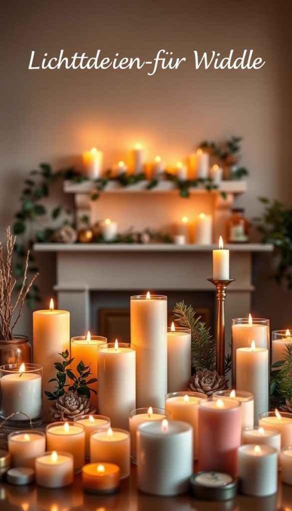 A beautifully arranged display of various candles styled as part of a wall decoration trend, highlighting the theme of "Lichtideen f&uuml;r W&auml;nde." In the foreground, feature an assortment of candles in different shapes and sizes, such as pillar, taper, and tealight, all glowing softly with warm, inviting light. In the middle ground, showcase a simple yet elegant wall shelf or mantel adorned with greenery and decorative elements, enhancing the cozy atmosphere. The background should display a softly lit room with a warm color palette, suggesting a relaxing and inspiring ambiance. Utilize gentle, diffused lighting to create a serene mood, reminiscent of natural DIY aesthetics. The image should evoke feelings of warmth and creativity, styled authentically in line with the Pinterest look, and subtly include the brand "KlickKiste" without any text.
