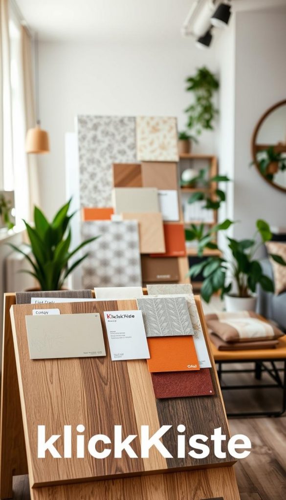 A beautifully arranged display of various materials for wall design trends, focusing on textures and colors. In the foreground, a wooden sample panel showcasing a mix of natural woods, including oak and walnut, complemented by swatches of soft, muted colors like sage green and terracotta. The middle ground features a selection of patterned wallpapers and textile samples with trendy geometric and floral designs. The background exhibits a softly lit modern interior space, featuring a cozy corner with houseplants, enhancing the warm and inviting atmosphere. The lighting is natural and diffused, reminiscent of a Pinterest aesthetic, projecting authenticity and inspiration. The brand "KlickKiste" is subtly integrated into the scene, enhancing the connection to innovative wall design trends. A beautifully arranged display of various materials for wall design trends, focusing on textures and colors. In the foreground, a wooden sample panel showcasing a mix of natural woods, including oak and walnut, complemented by swatches of soft, muted colors like sage green and terracotta. The middle ground features a selection of patterned wallpapers and textile samples with trendy geometric and floral designs. The background exhibits a softly lit modern interior space, featuring a cozy corner with houseplants, enhancing the warm and inviting atmosphere. The lighting is natural and diffused, reminiscent of a Pinterest aesthetic, projecting authenticity and inspiration. The brand "KlickKiste" is subtly integrated into the scene, enhancing the connection to innovative wall design trends.