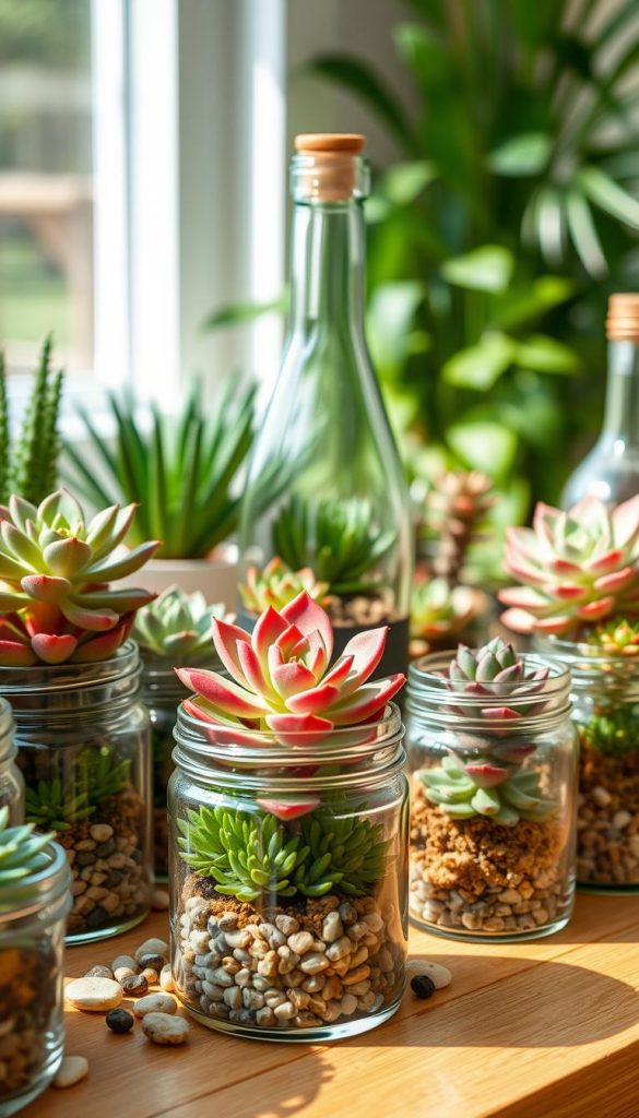 A beautifully arranged display of various succulent plants creatively planted in clear glass containers and bottles, showcasing a DIY aesthetic. In the foreground, several glass jars with succulent layers of vibrant greens, pinks, and purples, surrounded by small pebbles for added texture. The middle ground features a charming glass bottle with a unique shape, filled with a vibrant Echeveria, casting soft shadows. In the background, softly blurred greenery suggests an inviting environment, enhancing the warmth of the scene. Natural light filters in, creating a cozy and inspiring atmosphere, ideal for a Pinterest-inspired look. The overall composition reflects the brand "KlickKiste," emphasizing creativity and natural beauty with warm, inviting colors.