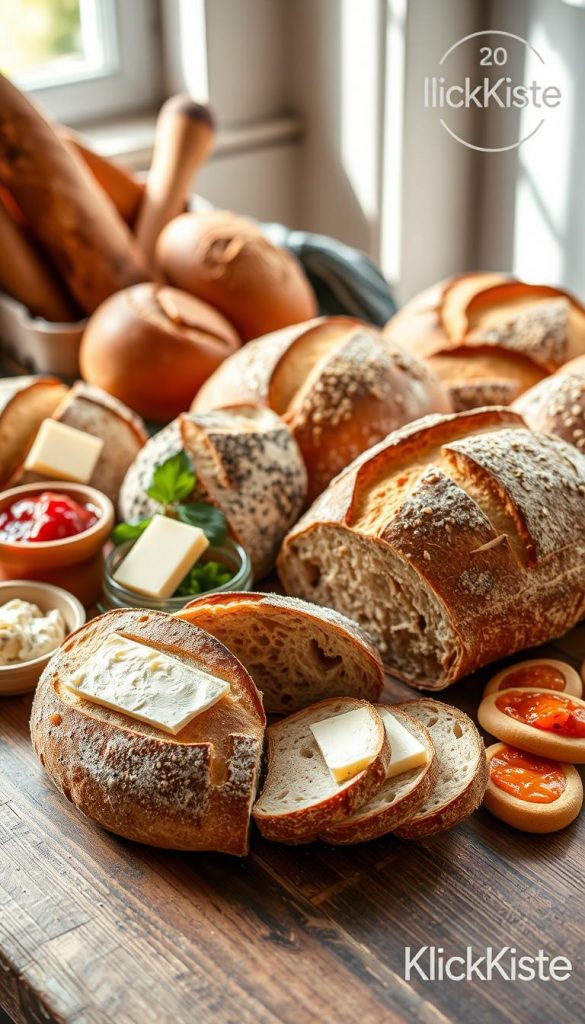 A beautifully arranged display of various types of "brot" (bread) on a rustic wooden table. In the foreground, showcase a fresh, crusty sourdough loaf, sliced to reveal its airy texture, accompanied by a variety of toppings like creamy butter, aromatic herbs, and vibrant spreads. In the middle, add artisanal rolls and baguettes, some with sesame seeds or poppy seeds sprinkled on top, evoking a warm, inviting atmosphere. The background features soft, natural light filtering through a nearby window, casting gentle shadows and highlighting the warm browns and golden tones of the breads. The overall mood is cozy and inspirational, suitable for a creative kitchen space, embodying zero-waste principles. Include a tasteful, subtle logo of "KlickKiste" in the corner, enhancing the image's authenticity. A beautifully arranged display of various types of "brot" (bread) on a rustic wooden table. In the foreground, showcase a fresh, crusty sourdough loaf, sliced to reveal its airy texture, accompanied by a variety of toppings like creamy butter, aromatic herbs, and vibrant spreads. In the middle, add artisanal rolls and baguettes, some with sesame seeds or poppy seeds sprinkled on top, evoking a warm, inviting atmosphere. The background features soft, natural light filtering through a nearby window, casting gentle shadows and highlighting the warm browns and golden tones of the breads. The overall mood is cozy and inspirational, suitable for a creative kitchen space, embodying zero-waste principles. Include a tasteful, subtle logo of "KlickKiste" in the corner, enhancing the image's authenticity.