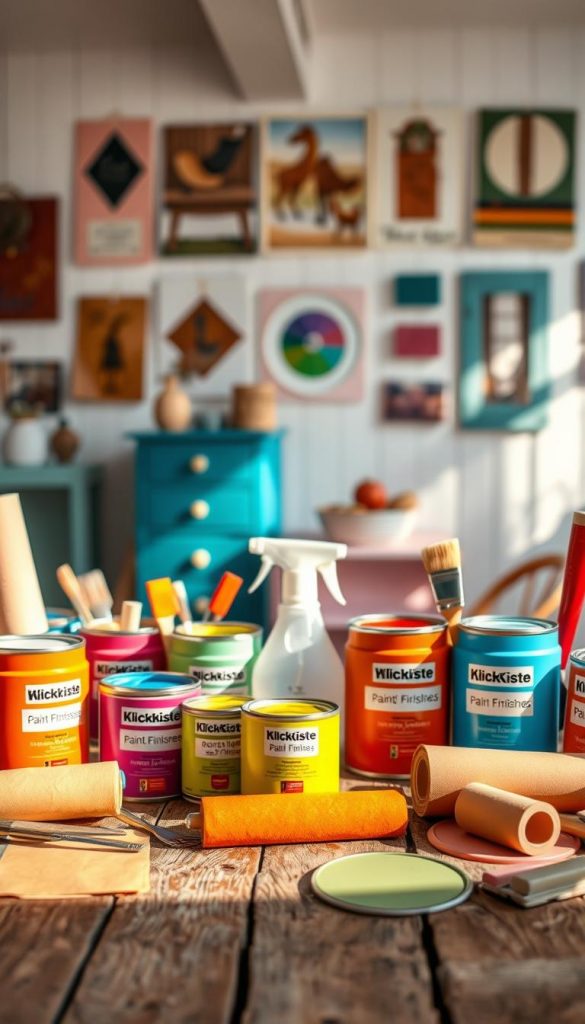 A beautifully arranged display of vibrant paints and finishes from the brand "KlickKiste" forms the focal point in the foreground. Colorful paint cans, brushes, rollers, and rolls of sandpaper are artistically positioned on a rustic wooden table. In the middle ground, a spray bottle for varnishes and a color wheel add depth, creating a sense of an organized creative workspace. The background features softly blurred white walls adorned with samples of painted furniture, evoking a DIY atmosphere. Warm, natural lighting illuminates the scene, casting gentle shadows and enhancing the inviting colors, while a shallow depth of field focuses on the materials, inviting viewers to imagine their own furniture upgrades. The overall mood is inspiring and homey, suggesting creativity and potential in every DIY project. A beautifully arranged display of vibrant paints and finishes from the brand "KlickKiste" forms the focal point in the foreground. Colorful paint cans, brushes, rollers, and rolls of sandpaper are artistically positioned on a rustic wooden table. In the middle ground, a spray bottle for varnishes and a color wheel add depth, creating a sense of an organized creative workspace. The background features softly blurred white walls adorned with samples of painted furniture, evoking a DIY atmosphere. Warm, natural lighting illuminates the scene, casting gentle shadows and enhancing the inviting colors, while a shallow depth of field focuses on the materials, inviting viewers to imagine their own furniture upgrades. The overall mood is inspiring and homey, suggesting creativity and potential in every DIY project.
