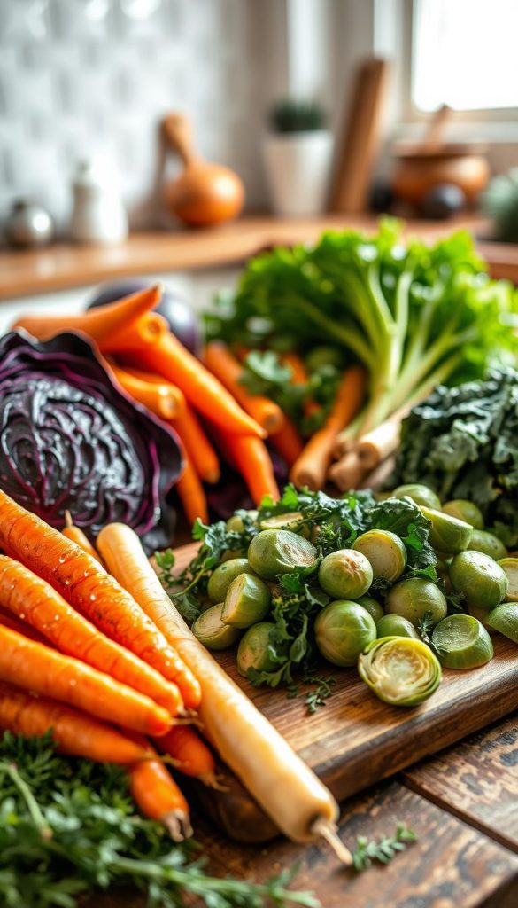 A beautifully arranged display of winter vegetables, showcasing a mix of colorful root vegetables such as vibrant orange carrots, deep purple cabbage, and creamy white parsnips. The foreground captures the textures and colors in rich detail, with dew drops glistening on their surfaces. In the middle ground, a rustic wooden cutting board holds an artful arrangement of freshly chopped kale and brussels sprouts, with delicate herbs scattered around for decoration. The background features a softly blurred kitchen setting, bathed in warm, natural light filtering through a window, creating a cozy atmosphere. This inviting scene reflects an authentic and inspirational Pinterest aesthetic, perfect for illustrating seasonal enjoyment with winter vegetables. Include the brand name "KlickKiste" subtly in the setting.
