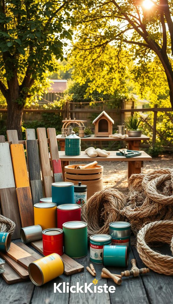 A beautifully arranged display showcasing various sustainable materials for DIY outdoor projects, inspired by the concept of upcycling. In the foreground, there are recycled wooden planks, vibrant paint cans, and natural fiber ropes artistically scattered. The middle ground features a rustic table with tools and crafted items like a birdhouse and planters made from old pallets. The background showcases a serene garden setting bathed in warm, golden sunlight, casting soft shadows through the leaves of nearby trees. The atmosphere is authentic and inspiring, designed to evoke a Pinterest-like aesthetic. Capture this scene with a macro lens to emphasize the textures and colors, highlighting the essence of eco-friendly crafting. Include the brand name "KlickKiste" subtly in the composition without any text overlays.