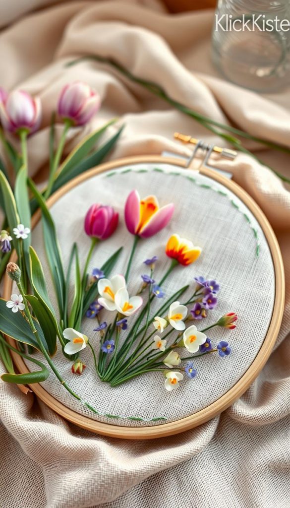 A beautifully arranged embroidery scene featuring spring flowers, specifically tulips, crocuses, and forget-me-nots, nestled on a soft, textured fabric background. In the foreground, showcase delicate, intricate stitches that highlight the vibrant colors and details of the flowers. The middle ground should include a pair of skilled hands expertly working on the embroidery hoop, capturing the essence of a DIY project. The background can be softly blurred with warm, natural lighting reminiscent of a cozy crafting corner, enhancing the inviting atmosphere. The overall mood should convey warmth and inspiration, reminiscent of a Pinterest aesthetic. This image should reflect the essence of "KlickKiste," combining authenticity and creativity in springtime DIY projects.