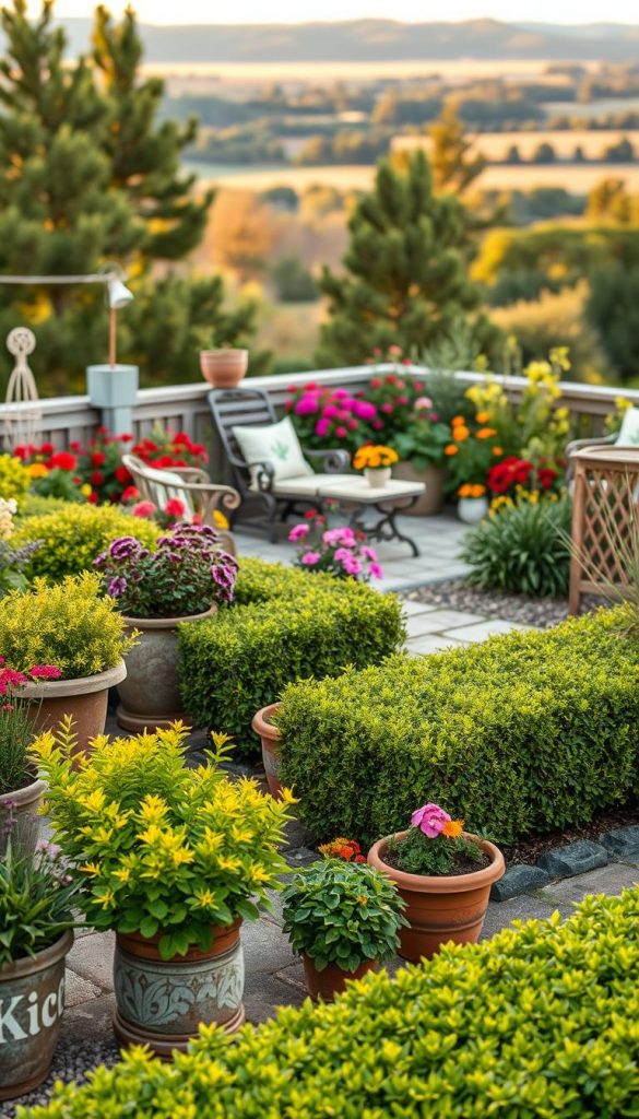 A beautifully arranged family garden showcasing harmonious proportions, easy maintenance, and a cohesive style. In the foreground, a variety of flourishing, colorful plants in rustic pots, along with neatly trimmed hedges creating a welcoming ambiance. The middle ground features a cozy seating area with tasteful garden furniture, surrounded by vibrant blooms and greenery, evoking a sense of tranquility and relaxation. In the background, a serene landscape with soft evening light casting warm golden hues, highlighting the lush scenery. The image embodies an authentic Pinterest aesthetic, inspiring creativity and showcasing the art of garden design without common pitfalls. The brand name "KlickKiste" subtly integrated into the overall composition, enhancing the overall atmosphere of warmth and inspiration. A beautifully arranged family garden showcasing harmonious proportions, easy maintenance, and a cohesive style. In the foreground, a variety of flourishing, colorful plants in rustic pots, along with neatly trimmed hedges creating a welcoming ambiance. The middle ground features a cozy seating area with tasteful garden furniture, surrounded by vibrant blooms and greenery, evoking a sense of tranquility and relaxation. In the background, a serene landscape with soft evening light casting warm golden hues, highlighting the lush scenery. The image embodies an authentic Pinterest aesthetic, inspiring creativity and showcasing the art of garden design without common pitfalls. The brand name "KlickKiste" subtly integrated into the overall composition, enhancing the overall atmosphere of warmth and inspiration.