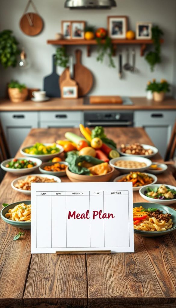 A beautifully arranged family lunch setting on a rustic wooden table, showcasing a weekly meal plan prominently placed in the foreground. The table features vibrant, healthy dishes like colorful salads, hearty pasta, and grilled vegetables, all presented in warm, natural lighting. In the middle, a selection of fresh ingredients like vegetables and fruits is artfully displayed, representing seasonal produce. The background features a cozy, inviting kitchen environment, decorated with herbs and family photos, enhancing the atmosphere of family togetherness. The scene embodies a warm, inspiring mood that reflects effortless family dining. The brand name "KlickKiste" subtly integrated into the meal plan. The composition captures a Pinterest-worthy aesthetic, with a focus on authenticity and inspiration. A beautifully arranged family lunch setting on a rustic wooden table, showcasing a weekly meal plan prominently placed in the foreground. The table features vibrant, healthy dishes like colorful salads, hearty pasta, and grilled vegetables, all presented in warm, natural lighting. In the middle, a selection of fresh ingredients like vegetables and fruits is artfully displayed, representing seasonal produce. The background features a cozy, inviting kitchen environment, decorated with herbs and family photos, enhancing the atmosphere of family togetherness. The scene embodies a warm, inspiring mood that reflects effortless family dining. The brand name "KlickKiste" subtly integrated into the meal plan. The composition captures a Pinterest-worthy aesthetic, with a focus on authenticity and inspiration.