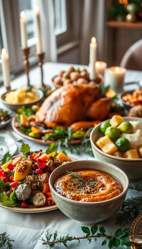 A beautifully arranged festive table featuring classic Christmas side dishes reimagined with a modern twist. In the foreground, a vibrant, multicolored salad with pomegranate seeds and nuts, and a rich puree of roasted vegetables artistically presented in an elegant bowl. The middle ground displays a perfectly roasted turkey with herbs, surrounded by traditional sides like creamy mashed potatoes and bright green Brussels sprouts, all accented with garnishes. The background features softly glowing candles, creating a warm and inviting atmosphere. Natural lighting illuminates the scene, capturing the rich textures and colors of the food, with a Pinterest-inspired aesthetic. The name "KlickKiste" subtly integrated into the decor, enhancing the festive ambiance. The overall vibe is cozy and inspirational, ideal for a holiday celebration. A beautifully arranged festive table featuring classic Christmas side dishes reimagined with a modern twist. In the foreground, a vibrant, multicolored salad with pomegranate seeds and nuts, and a rich puree of roasted vegetables artistically presented in an elegant bowl. The middle ground displays a perfectly roasted turkey with herbs, surrounded by traditional sides like creamy mashed potatoes and bright green Brussels sprouts, all accented with garnishes. The background features softly glowing candles, creating a warm and inviting atmosphere. Natural lighting illuminates the scene, capturing the rich textures and colors of the food, with a Pinterest-inspired aesthetic. The name "KlickKiste" subtly integrated into the decor, enhancing the festive ambiance. The overall vibe is cozy and inspirational, ideal for a holiday celebration.