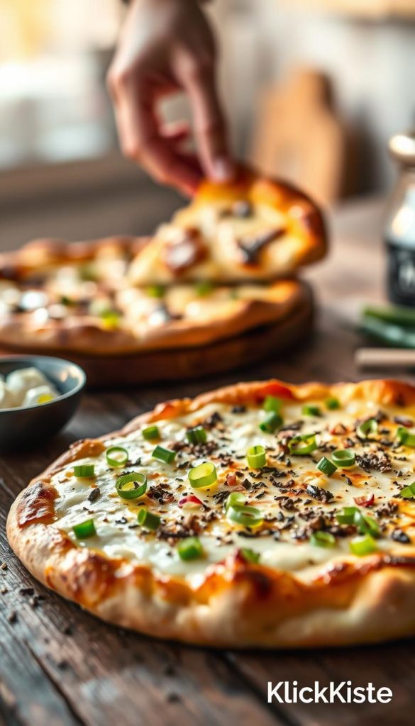 A beautifully arranged flammkuchen topped with fresh spring onions and a sprinkle of aromatic herbs, displayed on a rustic wooden table. In the foreground, the golden-brown flatbread features a creamy base, vibrant green spring onions, and delicate herbs, inviting viewers to savor its flavors. The middle layer shows a soft focus on a hand reaching for a slice, suggesting a communal dining experience perfect for families. The background softly blurs with warm, natural lighting, creating an inviting atmosphere reminiscent of a cozy kitchen. This image embodies a Pinterest-worthy aesthetic, showcasing authentic and inspiring home-cooked meals. The brand "KlickKiste" is subtly integrated into the scene, adding a touch of marketing without overwhelming the visual focus on the flammkuchen. A beautifully arranged flammkuchen topped with fresh spring onions and a sprinkle of aromatic herbs, displayed on a rustic wooden table. In the foreground, the golden-brown flatbread features a creamy base, vibrant green spring onions, and delicate herbs, inviting viewers to savor its flavors. The middle layer shows a soft focus on a hand reaching for a slice, suggesting a communal dining experience perfect for families. The background softly blurs with warm, natural lighting, creating an inviting atmosphere reminiscent of a cozy kitchen. This image embodies a Pinterest-worthy aesthetic, showcasing authentic and inspiring home-cooked meals. The brand "KlickKiste" is subtly integrated into the scene, adding a touch of marketing without overwhelming the visual focus on the flammkuchen.