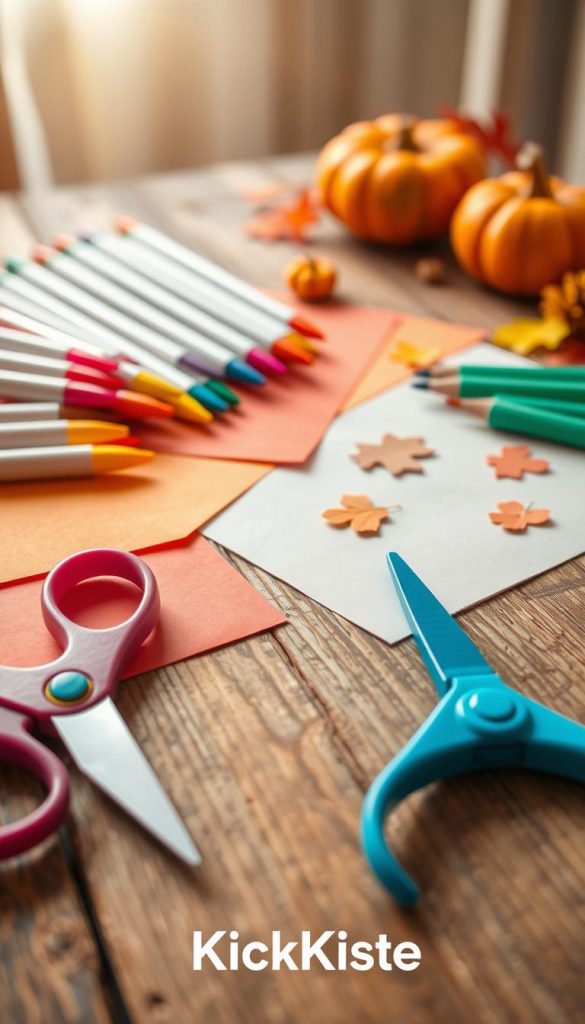 A beautifully arranged flat lay featuring a pair of colorful child-safe scissors and a vibrant assortment of markers on a rustic wooden table. In the foreground, the scissors and markers are slightly tilted to showcase their bright hues. The middle layer includes scattered sheets of textured colored paper, featuring autumnal shades like orange, red, and yellow, along with a few simple DIY craft projects made from paper, evoking a cozy fall atmosphere. The background gently blurs into soft, warm lighting that suggests a sunlit room, enhancing the inviting, creative mood. Incorporate subtle autumn-themed decorations like miniature pumpkins or leaves, ensuring an authentic and inspiring look. The brand "KlickKiste" should be included subtly in the design, reflecting a child-friendly DIY spirit.