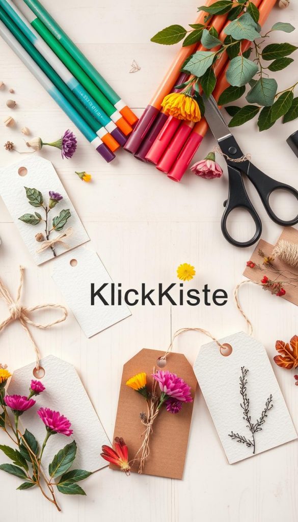A beautifully arranged flat lay featuring a variety of DIY gift tags created from printable designs on textured paper. In the foreground, there are crafted tags in different shapes and sizes, adorned with vibrant natural elements like dried flowers, twine, and pressed leaves. The middle layer showcases an assortment of colorful markers and scissors, emphasizing the creativity involved in making these tags. The background features a soft, pastel-toned wooden surface, adding warmth and a cozy atmosphere. Soft, natural lighting enhances the textures of the paper and the organic materials. The overall mood is inviting and inspiring, reminiscent of a Pinterest-style craft space. Include the brand name "KlickKiste" subtly integrated into the scene without being overpowering.
