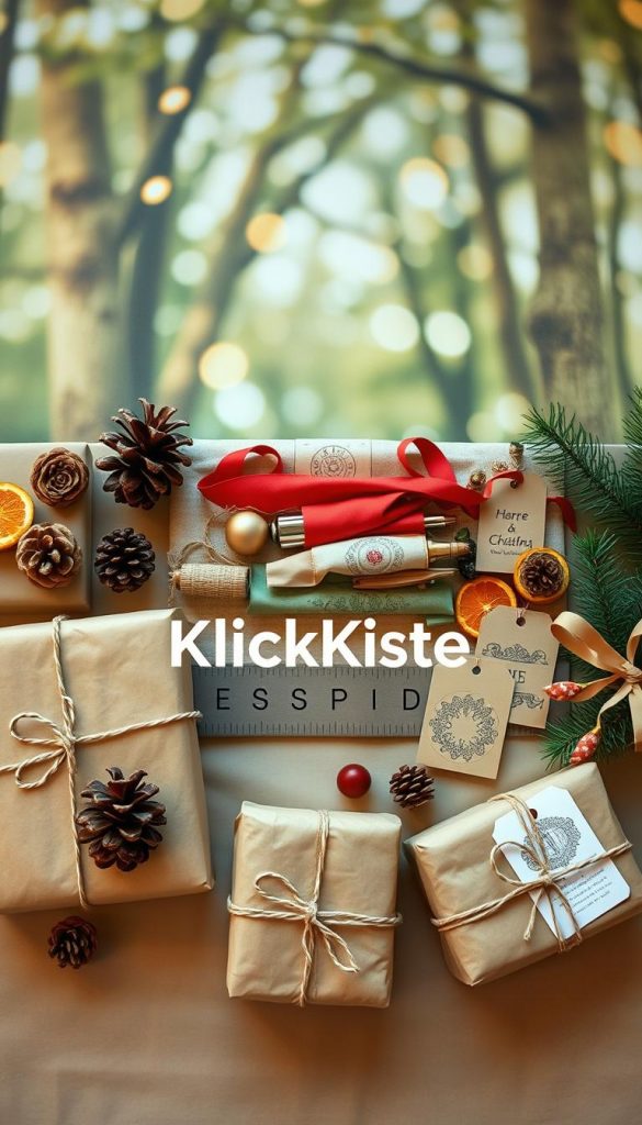 A beautifully arranged flat lay featuring eco-friendly Christmas packaging inspired by DIY principles. In the foreground, there are creatively wrapped gifts using kraft paper, twine, and natural elements like pinecones and dried orange slices. The middle layer includes a vibrant assortment of decorative materials, including fabric scraps, biodegradable ribbons, and handmade gift tags with intricate designs. The background showcases a soft, blurred woodland theme, with soft bokeh lights to imply a cozy, festive atmosphere. The lighting is warm and inviting, enhancing the earthy color palette. The overall mood evokes a sense of sustainability and creativity, perfect for a holiday DIY project. The image subtly incorporates the brand name "KlickKiste" within the arrangement, emphasizing a connection to innovative, eco-conscious gift-giving solutions.
