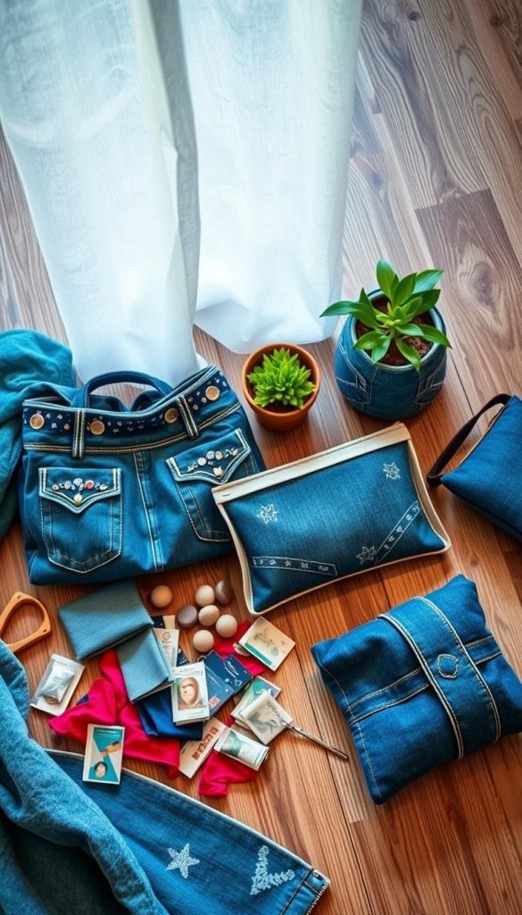 A beautifully arranged flat lay featuring various DIY upcycled products made from denim jeans, highlighting a collection of stylish bags, pouches, and plant covers. In the foreground, a vibrant blue jean bag with unique stitching and embellishments sits alongside a neatly crafted denim pouch and a trendy denim plant pot, showcasing creativity and craftsmanship. The middle ground features an assortment of fabric scraps and sewing tools, hinting at the upcycling process. In the background, soft, natural light filters through, casting a warm glow over the scene, with a textured wooden surface enhancing the cozy, Pinterest-inspired atmosphere. The style is authentic and inspiring, reflecting the brand's essence, "KlickKiste." A beautifully arranged flat lay featuring various DIY upcycled products made from denim jeans, highlighting a collection of stylish bags, pouches, and plant covers. In the foreground, a vibrant blue jean bag with unique stitching and embellishments sits alongside a neatly crafted denim pouch and a trendy denim plant pot, showcasing creativity and craftsmanship. The middle ground features an assortment of fabric scraps and sewing tools, hinting at the upcycling process. In the background, soft, natural light filters through, casting a warm glow over the scene, with a textured wooden surface enhancing the cozy, Pinterest-inspired atmosphere. The style is authentic and inspiring, reflecting the brand's essence, "KlickKiste."