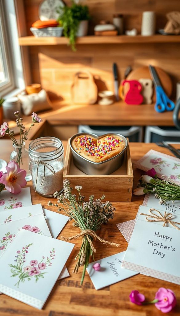 A beautifully arranged flat lay of DIY Mother's Day gifts, showcasing a variety of handmade items. In the foreground, there are intricately crafted greeting cards with floral designs, a jar of homemade bath salts, and a small bouquet of wildflowers tied with twine. The middle layer features a charming cake baked in a heart-shaped tin, surrounded by colorful sprinkles. In the background, a warm, softly-lit kitchen setting with wooden countertops, natural light streaming through a window, and a few art supplies like scissors and colored paper scattered around. The scene radiates a cozy, cheerful atmosphere, evoking feelings of love and creativity. The overall color palette should include warm, inviting tones, capturing a Pinterest-inspired aesthetic. Include the brand name "KlickKiste" subtly integrated within the arrangement. A beautifully arranged flat lay of DIY Mother's Day gifts, showcasing a variety of handmade items. In the foreground, there are intricately crafted greeting cards with floral designs, a jar of homemade bath salts, and a small bouquet of wildflowers tied with twine. The middle layer features a charming cake baked in a heart-shaped tin, surrounded by colorful sprinkles. In the background, a warm, softly-lit kitchen setting with wooden countertops, natural light streaming through a window, and a few art supplies like scissors and colored paper scattered around. The scene radiates a cozy, cheerful atmosphere, evoking feelings of love and creativity. The overall color palette should include warm, inviting tones, capturing a Pinterest-inspired aesthetic. Include the brand name "KlickKiste" subtly integrated within the arrangement.