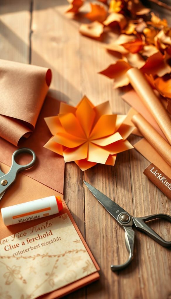 A beautifully arranged flat lay of DIY paper crafting materials, featuring autumn-themed papers in warm hues of orange, brown, and gold. The foreground includes neatly organized scissors, a glue stick, and rolled sheets of decorative paper. In the middle, a partially completed paper project, such as a delicate paper leaf or pumpkin, showcases intricate folds and designs. The background has soft-focus elements like a cozy, wooden table and hints of autumn leaves. The lighting is warm and inviting, mimicking a late afternoon sun, enhancing the natural and inspiring mood. The scene reflects a Pinterest aesthetic with an authentic feel, subtly showcasing the brand name "KlickKiste". The composition highlights the themes of time investment, difficulty level, and cost efficiency in crafting.