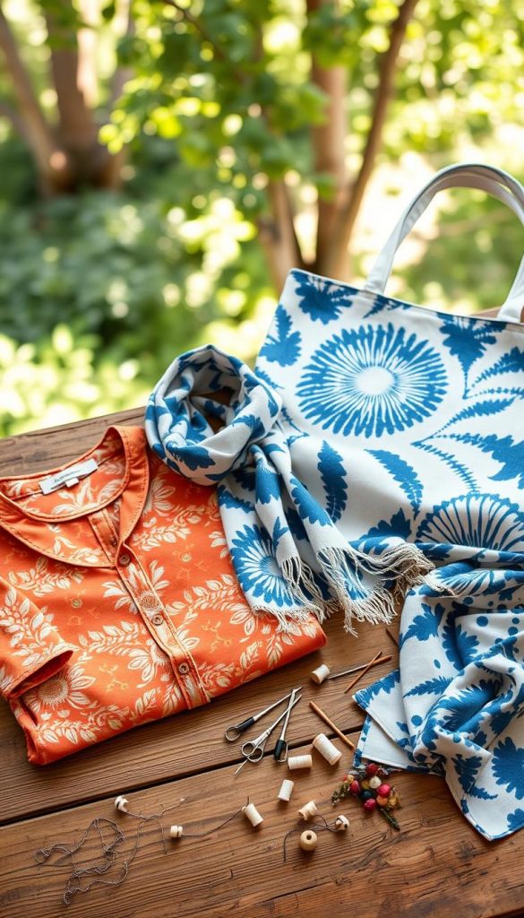 A beautifully arranged flat lay of DIY summer accessories featuring batik and shibori designs by KlickKiste. In the foreground, a vibrant batik shirt with intricate patterns in warm earth tones sits alongside a delicate shibori scarf, both neatly folded. Next to them, a stylish shibori tote bag displays a swirling blue and white pattern. The middle ground showcases scattered sewing tools—needles, threads, and fabric swatches—on a rustic wooden surface, enhancing the DIY feel. The background features softly blurred greenery and sunlight filtering through trees, creating a warm, inviting atmosphere. The lighting is natural, highlighting the textures of the fabrics. This inspired and authentic scene captures the essence of summer creativity and style.