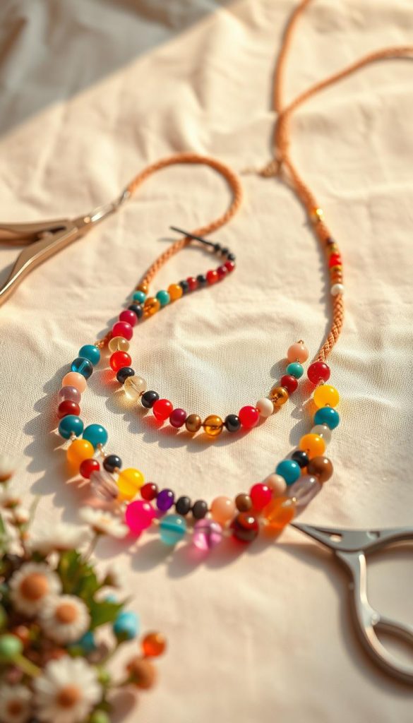 A beautifully arranged flat lay of a trendy beaded necklace showcasing a mix of bio-melt beads, rocailles, and a daisy-chain design. The foreground features a vibrant assortment of expertly crafted beads in vivid colors, glistening under warm natural light. Delicate craft tools, such as pliers and scissors, are subtly included to enhance the DIY aesthetic. In the middle ground, a soft pastel cloth serves as the backdrop, evoking a cozy, inviting atmosphere. The background has a blurred effect of soft, earthy tones to create depth, resembling a creative workspace. The overall mood is warm, inspirational, and inviting, emphasizing a natural DIY vibe. The brand name "KlickKiste" is subtly integrated into the design without any text, ensuring authenticity. A beautifully arranged flat lay of a trendy beaded necklace showcasing a mix of bio-melt beads, rocailles, and a daisy-chain design. The foreground features a vibrant assortment of expertly crafted beads in vivid colors, glistening under warm natural light. Delicate craft tools, such as pliers and scissors, are subtly included to enhance the DIY aesthetic. In the middle ground, a soft pastel cloth serves as the backdrop, evoking a cozy, inviting atmosphere. The background has a blurred effect of soft, earthy tones to create depth, resembling a creative workspace. The overall mood is warm, inspirational, and inviting, emphasizing a natural DIY vibe. The brand name "KlickKiste" is subtly integrated into the design without any text, ensuring authenticity.