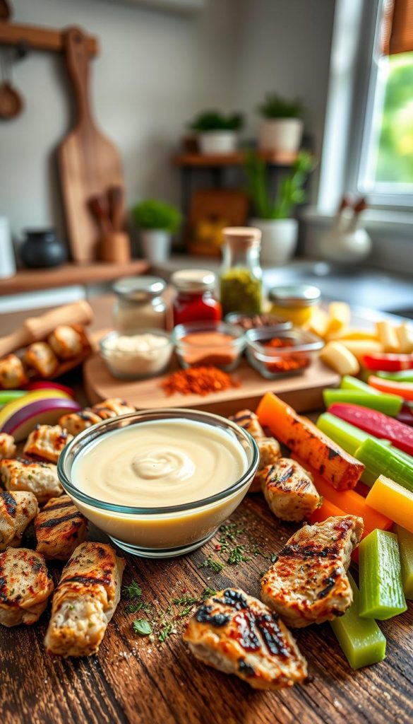 A beautifully arranged flat lay of colorful, healthy snacks suitable for both children and adults, featuring bite-sized pieces of grilled chicken skewers, fresh vegetable sticks, and vibrant fruit slices. In the foreground, a small bowl of creamy dip is elegantly placed, surrounded by a sprinkle of herbs and spices to emphasize flavor. In the middle, a rustic wooden board showcases a variety of spices and condiments, with pops of color from bright jars. The background features a warm, inviting kitchen setting, with diffused natural light streaming in through a window, creating a cozy atmosphere. The image conveys authenticity and inspiration, reflecting the essence of "KlickKiste." Emphasize natural colors and a Pinterest-like aesthetic, aiming for a wholesome and appetizing vibe.