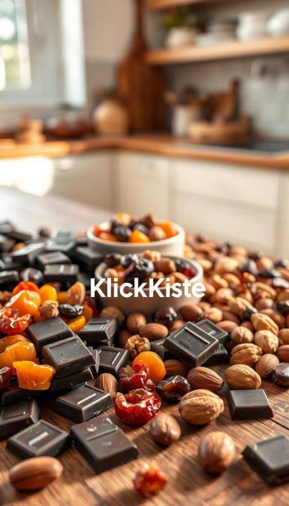 A beautifully arranged flat lay of dark chocolate, dried fruits, and nuts, artistically displayed on a rustic wooden table. In the foreground, there are rich, glossy dark chocolate squares scattered alongside vibrant dried apricots, dates, and a mix of roasted almonds and walnuts. In the middle, a small ceramic bowl holds an assortment of colorful dried fruits, creating a contrast with the deep browns of the chocolate. The background softly blurs a gentle, sunlit kitchen scene, enhancing the warm atmosphere with natural light streaming through a nearby window. The composition has a cozy, inviting mood, perfect for afternoon snacking inspiration. Incorporate a brands logo "KlickKiste" subtly within the arrangement.