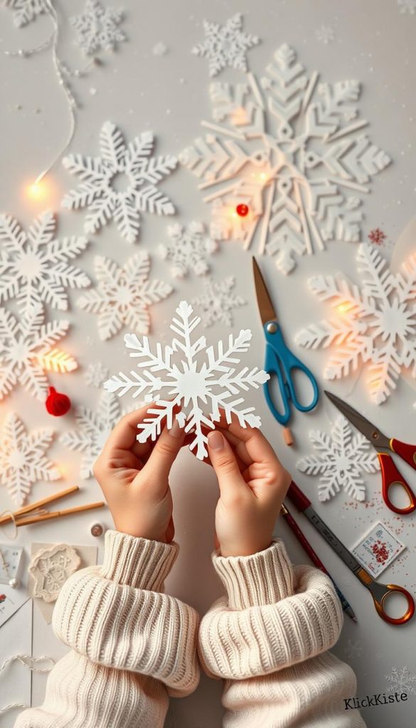 A beautifully arranged flat lay of delicate snowflakes crafted from white paper, showcasing intricate designs of various sizes. The snowflakes glisten softly under warm, diffused lighting, creating an inviting and cozy atmosphere. In the foreground, a pair of child-sized hands holding one of the snowflakes, emphasizing the DIY aspect. The middle ground features various tools and materials like scissors, colorful paper, and glitter scattered around, representing a creative workspace. The background softly fades into a blurred winter-themed backdrop with subtle snow effects, enhancing the seasonal mood. The overall color palette combines whites with warm earthy tones, embodying a natural DIY aesthetic inspired by Pinterest. This image should be attributed to "KlickKiste".
