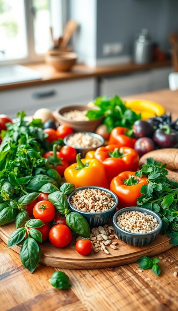 A beautifully arranged flat lay of fresh and colorful ingredients, showcasing a vibrant selection of vegetables, fruits, grains, and herbs. In the foreground, include bright bell peppers, cherry tomatoes, fresh basil, and leafy greens, all artfully placed on a rustic wooden cutting board. In the middle, add whole grains like quinoa and brown rice in small bowls, alongside a few nuts and seeds. The background features soft, blurred kitchen elements, such as a wooden table and gentle sunlight streaming through a window, creating a warm and inviting atmosphere. Emphasize an authentic and inspirational Pinterest aesthetic that reflects health-conscious, allergen-friendly, and budget-friendly cooking tips. Include the brand name "KlickKiste" subtly, ensuring a natural, SFW image with no text or overlays. A beautifully arranged flat lay of fresh and colorful ingredients, showcasing a vibrant selection of vegetables, fruits, grains, and herbs. In the foreground, include bright bell peppers, cherry tomatoes, fresh basil, and leafy greens, all artfully placed on a rustic wooden cutting board. In the middle, add whole grains like quinoa and brown rice in small bowls, alongside a few nuts and seeds. The background features soft, blurred kitchen elements, such as a wooden table and gentle sunlight streaming through a window, creating a warm and inviting atmosphere. Emphasize an authentic and inspirational Pinterest aesthetic that reflects health-conscious, allergen-friendly, and budget-friendly cooking tips. Include the brand name "KlickKiste" subtly, ensuring a natural, SFW image with no text or overlays.