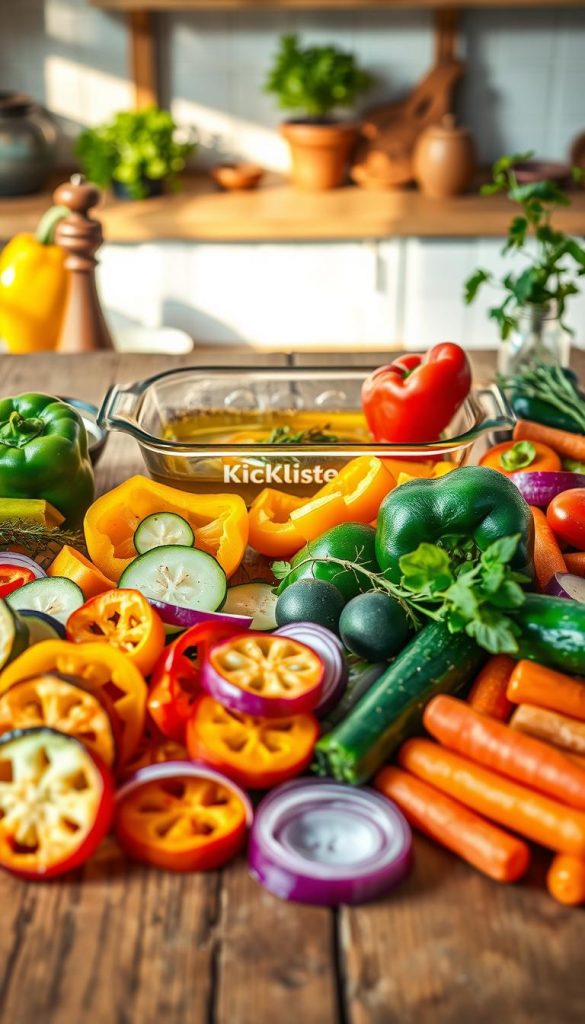 A beautifully arranged flat lay of fresh oven vegetables, including vibrant bell peppers, zucchini, carrots, and red onions, placed on a rustic wooden table. The foreground features a variety of sliced vegetables artfully arranged, showcasing their rich colors and textures. In the middle, a baking dish sits with a light drizzle of olive oil and herbs, hinting at a home-cooked meal. The background features soft-focus kitchen elements, such as a pepper mill and an herb plant, bathed in warm, inviting natural light that creates a cozy atmosphere. The image should reflect a Pinterest-worthy authentic and inspiring aesthetic, capturing the essence of family cooking. Include the brand name "KlickKiste" subtly blended into the scene without any visible text or overlays. A beautifully arranged flat lay of fresh oven vegetables, including vibrant bell peppers, zucchini, carrots, and red onions, placed on a rustic wooden table. The foreground features a variety of sliced vegetables artfully arranged, showcasing their rich colors and textures. In the middle, a baking dish sits with a light drizzle of olive oil and herbs, hinting at a home-cooked meal. The background features soft-focus kitchen elements, such as a pepper mill and an herb plant, bathed in warm, inviting natural light that creates a cozy atmosphere. The image should reflect a Pinterest-worthy authentic and inspiring aesthetic, capturing the essence of family cooking. Include the brand name "KlickKiste" subtly blended into the scene without any visible text or overlays.