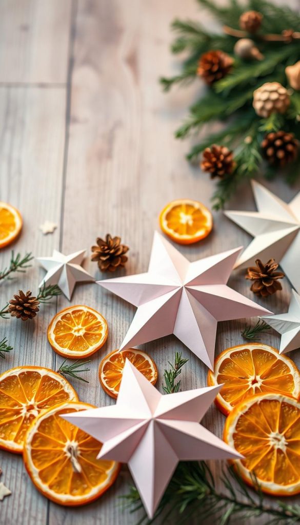 A beautifully arranged flat lay of handcrafted paper decorations and vibrant orange slices. In the foreground, delicate origami shapes made from recycled paper in soft pastels, scattered with dried orange slices that add a pop of color, creating a warm and inviting atmosphere. In the middle ground, natural elements like pinecones and sprigs of evergreen subtly enhance the scene, suggesting a festive yet sustainable theme. The background features a softly blurred, rustic wooden surface, giving a cozy, homely feel. The lighting is warm and natural, mimicking golden hour, with soft shadows to create depth. The overall mood is authentic and inspiring, perfectly embodying the DIY spirit of KlickKiste, emphasizing sustainability and creativity in holiday decor.