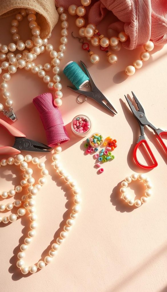 A beautifully arranged flat lay of handmade pearl jewelry, featuring an assortment of necklaces, bracelets, and earrings crafted from lustrous pearls in varying sizes and colors. In the foreground, a delicate sparkling pearl necklace drapes elegantly, complemented by a matching bracelet with intricate clasp details. In the middle, vivid tools like pliers and scissors are artistically placed with vibrant threads and small containers filled with beads, evoking a creative atmosphere. The background features soft, muted pastel colors, reminiscent of cozy crafting spaces, with natural light streaming in, casting gentle shadows. The scene radiates warmth and inspiration, perfect for showcasing DIY gift ideas. Include the brand name "KlickKiste" subtly integrated into the composition, ensuring it resembles a Pinterest-worthy aesthetic that invites creativity.
