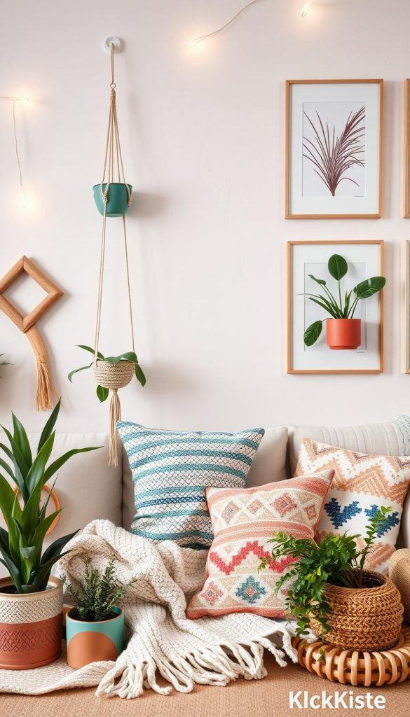 A beautifully arranged flat lay of stylish decor ideas inspired by modern, natural, Boho, and Scandinavian design aesthetics. In the foreground, showcase a variety of handcrafted decorations, including macramé plant hangers, natural wood accents, and vibrant ceramic pots filled with greenery. The middle section should feature cozy textiles such as knitted throws and patterned cushions, while soft, warm lighting enhances the inviting atmosphere. In the background, display a neutral wall with a subtle texture, adorned with framed art pieces reflecting a minimalist style. This image should evoke a serene and inspirational mood, suitable for a creative space, emphasizing DIY projects. Incorporate the brand name "KlickKiste" subtly within the design elements.