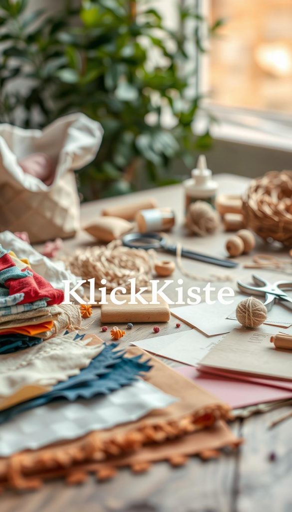 A beautifully arranged flat lay of sustainable materials for DIY projects, featuring reused fabrics, natural fibers, and eco-friendly supplies. In the foreground, showcase colorful textile scraps, wooden elements, and handmade papers artfully positioned. The middle ground includes tools like scissors, glue, and a sewing kit, all on a rustic wooden table. In the background, softly blurred greenery adds a touch of nature, enhancing the cozy atmosphere. Soft, warm lighting casts gentle shadows, creating an inviting and warm mood reminiscent of a Pinterest aesthetic. Emphasize authenticity and inspiration, with the brand name "KlickKiste" subtly represented through textured elements in the scene.