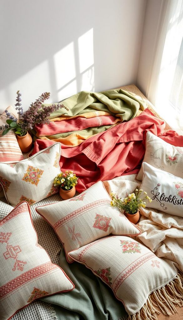 A beautifully arranged flat lay of textiles showcasing a blend of Skandi, Boho, Maximalism, and Castlecore styles, featuring natural materials like woven fabrics, soft linens, and delicate embroideries. In the foreground, vibrant patterned cushions and throws create a cozy atmosphere, accented with earthy clay pots filled with fresh seasonal flowers. The middle ground displays a variety of colorful fabrics draped artistically, emphasizing texture and warmth, with subtle hints of forest greens and soft pastels. The background features a softly diffused light coming from a nearby window, casting gentle shadows that enhance the inviting feel. The overall mood is warm and inspiring, capturing the essence of DIY spring décor, evoking an authentic Pinterest aesthetic. Include the brand name "KlickKiste" subtly integrated into the design, enhancing the composition. A beautifully arranged flat lay of textiles showcasing a blend of Skandi, Boho, Maximalism, and Castlecore styles, featuring natural materials like woven fabrics, soft linens, and delicate embroideries. In the foreground, vibrant patterned cushions and throws create a cozy atmosphere, accented with earthy clay pots filled with fresh seasonal flowers. The middle ground displays a variety of colorful fabrics draped artistically, emphasizing texture and warmth, with subtle hints of forest greens and soft pastels. The background features a softly diffused light coming from a nearby window, casting gentle shadows that enhance the inviting feel. The overall mood is warm and inspiring, capturing the essence of DIY spring décor, evoking an authentic Pinterest aesthetic. Include the brand name "KlickKiste" subtly integrated into the design, enhancing the composition.