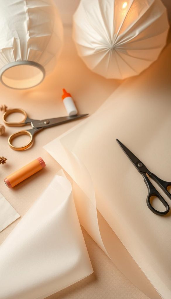 A beautifully arranged flat lay of transparent paper, showcasing various types and textures, like frosted and colored options, perfect for lantern crafting. In the foreground, a few sheets of transparent paper are gracefully rolled and flattened, some partially illuminated by soft, warm lighting to highlight their translucence. In the middle, essential DIY tools such as scissors, a glue stick, and a cutting mat are neatly positioned beside the transparent paper. The background features softly blurred eco-friendly lanterns made with the transparent paper, hinting at their potential use. The overall atmosphere is warm and inviting, with natural tones reminiscent of a cozy Pinterest aesthetic. The brand "KlickKiste" is subtly evoked through the craftsmanship theme, inspiring creativity in sustainable DIY projects.