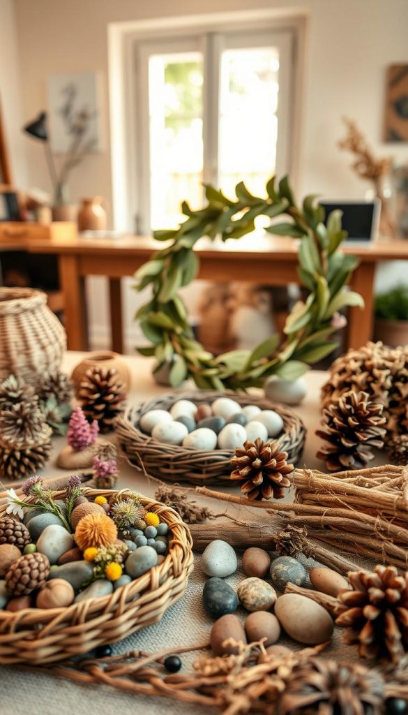 A beautifully arranged flat lay of various DIY decorations made from natural materials, showcasing warm earthy tones ideal for a Pinterest aesthetic. In the foreground, include intricate crafts such as a woven basket filled with wildflowers, pinecones, and twigs skillfully combined with small stones and pieces of driftwood. The middle layer features a larger handcrafted piece—an elegant wreath made from leaves and dried flowers. In the background, softly blurred, a cozy workspace is visible with natural light streaming through an open window, casting gentle shadows. The atmosphere is warm and inviting, inspiring creativity. This scene should evoke a sense of motivation and the joy of exploring new combinations of natural elements, embodying the essence of KlickKiste's DIY spirit.