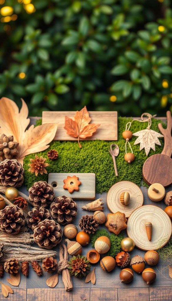 A beautifully arranged flat lay of various DIY projects made from natural materials found in the forest, showcasing warmth and vibrant colors. In the foreground, display pinecones, twigs, and moss crafts artfully arranged beside hand-crafted wooden items. In the middle ground, present small, completed projects like leaf art, nature-inspired wall hangings, and decorative acorns. The background should be softly blurred green foliage to evoke a serene forest atmosphere. Use warm, natural lighting to highlight textures and colors, capturing the essence of creativity and inspiration. The overall mood should be inviting and artistic, emulating a Pinterest aesthetic. Include a subtle reference to the brand "KlickKiste" within the arrangement, ensuring a cohesive and appealing visual narrative.