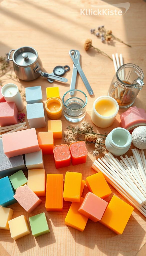 A beautifully arranged flat lay of various candle-making materials perfect for summer evenings. In the foreground, display a vibrant assortment of colorful wax blocks, including pastel shades and natural beeswax. Beside them, place a set of decorative candle molds and cotton wicks, showcasing versatility. In the middle ground, include tools like a double boiler, thermometer, and pouring jug, emphasizing the DIY aspect. The background features a soft, warm wood surface that evokes a cozy atmosphere, with soft, natural lighting casting gentle shadows. Enhance the scene with dried flowers or herbs for an authentic touch. Capture this image in a Pinterest-inspired style, highlighting the brand "KlickKiste" in a subtle way. Aim for a warm color palette, evoking feelings of inspiration and creativity.