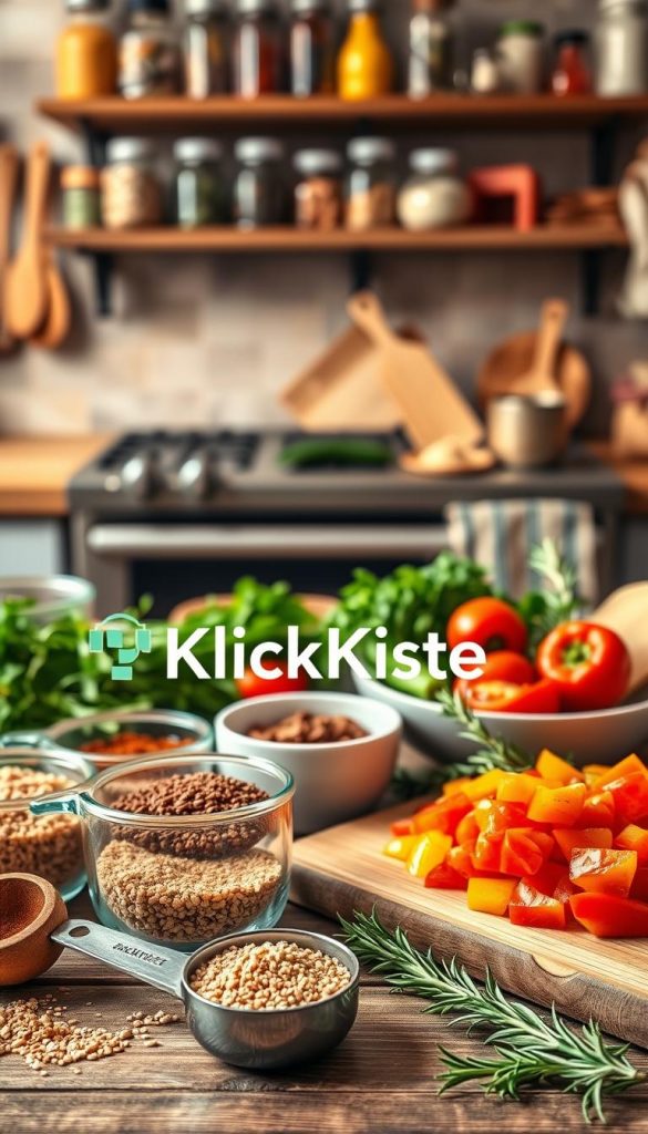 A beautifully arranged flat lay of various ingredients for cozy oven dishes, focusing on fresh, vibrant produce and herbs. In the foreground, show measuring cups filled with spices, grains, and a wooden spoon, alongside a cutting board with chopped vegetables. The middle layer includes bowls of colorful ingredients like diced tomatoes, bell peppers, and sprigs of rosemary. In the background, softly blurred, display a rustic kitchen with an oven and shelves filled with jars of dried herbs and cooking utensils. The warm lighting creates an inviting and homely atmosphere, reminiscent of a Pinterest-inspired kitchen. Emphasize the brand name "KlickKiste" subtly within the composition, ensuring it harmonizes with the ingredients without overwhelming the image. A beautifully arranged flat lay of various ingredients for cozy oven dishes, focusing on fresh, vibrant produce and herbs. In the foreground, show measuring cups filled with spices, grains, and a wooden spoon, alongside a cutting board with chopped vegetables. The middle layer includes bowls of colorful ingredients like diced tomatoes, bell peppers, and sprigs of rosemary. In the background, softly blurred, display a rustic kitchen with an oven and shelves filled with jars of dried herbs and cooking utensils. The warm lighting creates an inviting and homely atmosphere, reminiscent of a Pinterest-inspired kitchen. Emphasize the brand name "KlickKiste" subtly within the composition, ensuring it harmonizes with the ingredients without overwhelming the image.