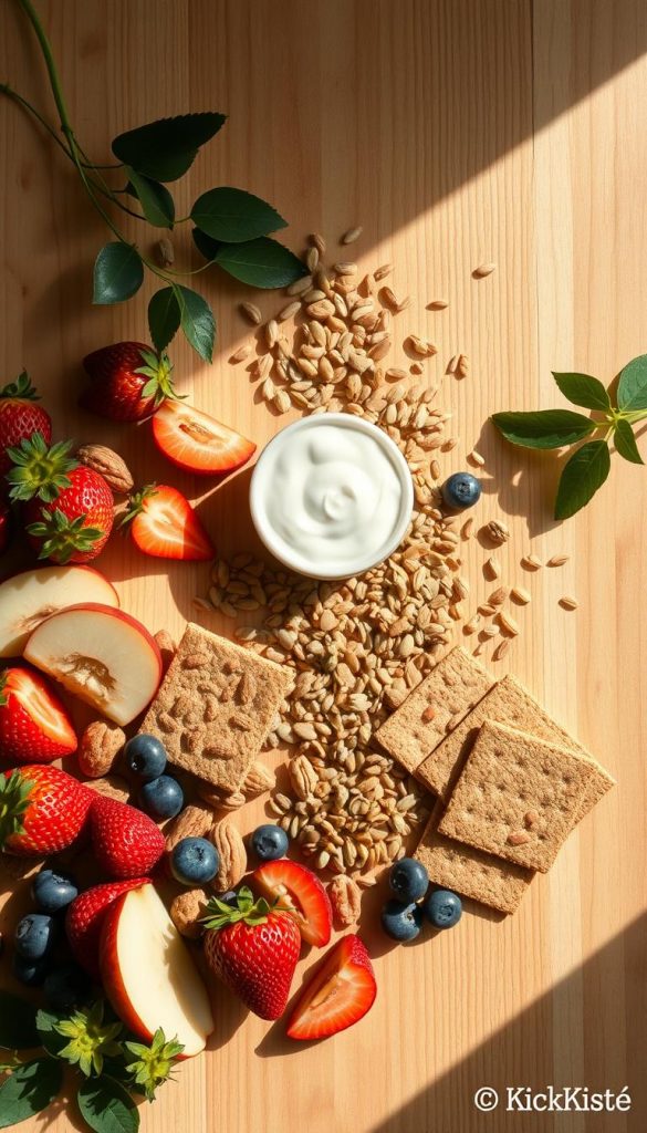 A beautifully arranged flat lay of various ingredients for light afternoon snacks, inspired by the theme of "zutaten." In the foreground, vibrant fruits like strawberries, blueberries, and apple slices are placed alongside nuts and a small bowl of yogurt. In the middle, healthy grains such as whole grain crackers and seeds are artistically scattered. The background features soft, warm wood textures, evoking a cozy kitchen atmosphere. Natural lighting gently illuminates the scene, casting soft shadows that enhance the organic feel. The overall mood is inviting and serene, perfect for a Pinterest-inspired aesthetic. Include a subtle watermark with the brand name "KlickKiste."