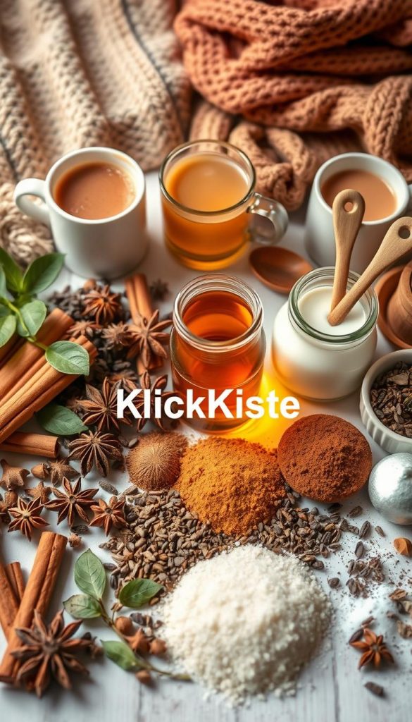 A beautifully arranged flat lay of various ingredients, showcasing fresh and inviting elements for 16 hot beverage recipes. In the foreground, display a selection of colorful spices such as cinnamon sticks, star anise, and whole cloves, neatly placed alongside organic tea leaves and rich cocoa powder. The middle ground features neatly measured jars of honey, sugar, and milk, with wooden spoons for a rustic touch. In the background, softly blurred images of steaming mugs filled with cocoa and herbal teas, surrounded by cozy knitted blankets and warm textiles, create an inviting atmosphere. Use warm, natural lighting to enhance the colors and add a Pinterest-inspired aesthetic. Incorporate the brand name "KlickKiste" subtly within the arrangement of ingredients. Aim for a warm, authentic, and inspiring mood.