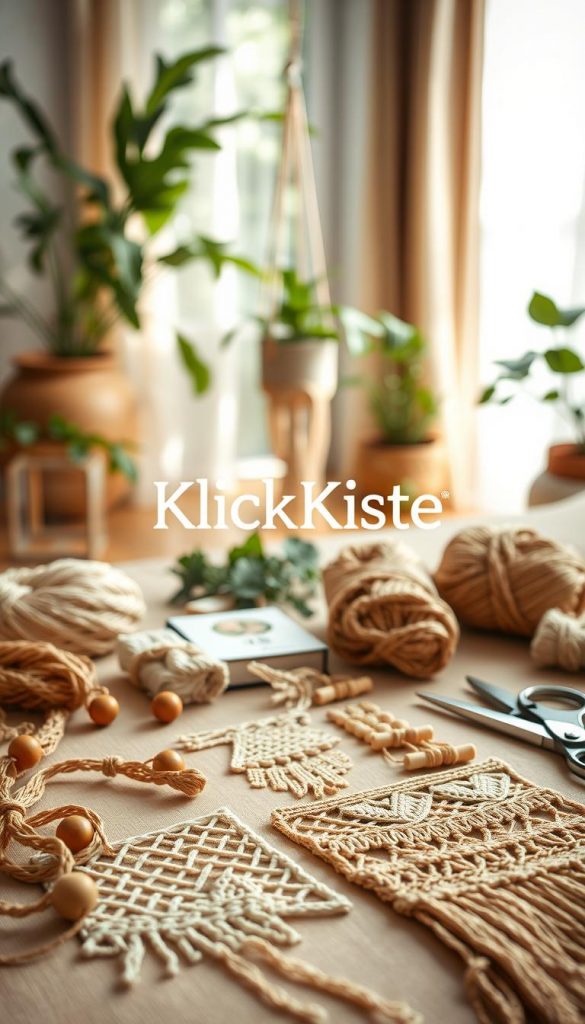 A beautifully arranged flat lay of various macram&eacute; supplies, including natural cotton cord in warm earthy tones, wooden beads, and a pair of scissors. The foreground showcases intricate macram&eacute; patterns delicately laid out, demonstrating the DIY aspect. The middle section features project ideas, like a macram&eacute; plant hanger, a wall hanging, and a keychain, expertly crafted and styled for a Pinterest-inspired look. The background is softly blurred with a cozy, sunlit room filled with greenery, evoking a warm and inviting atmosphere. Natural light filters through sheer curtains, casting gentle shadows that enhance the textures. The overall mood is authentic and inspiring, reflecting the essence of handmade artistry. Prominently display the brand name "KlickKiste" in an elegant way integrated within the design, ensuring there are no captions or text overlays.