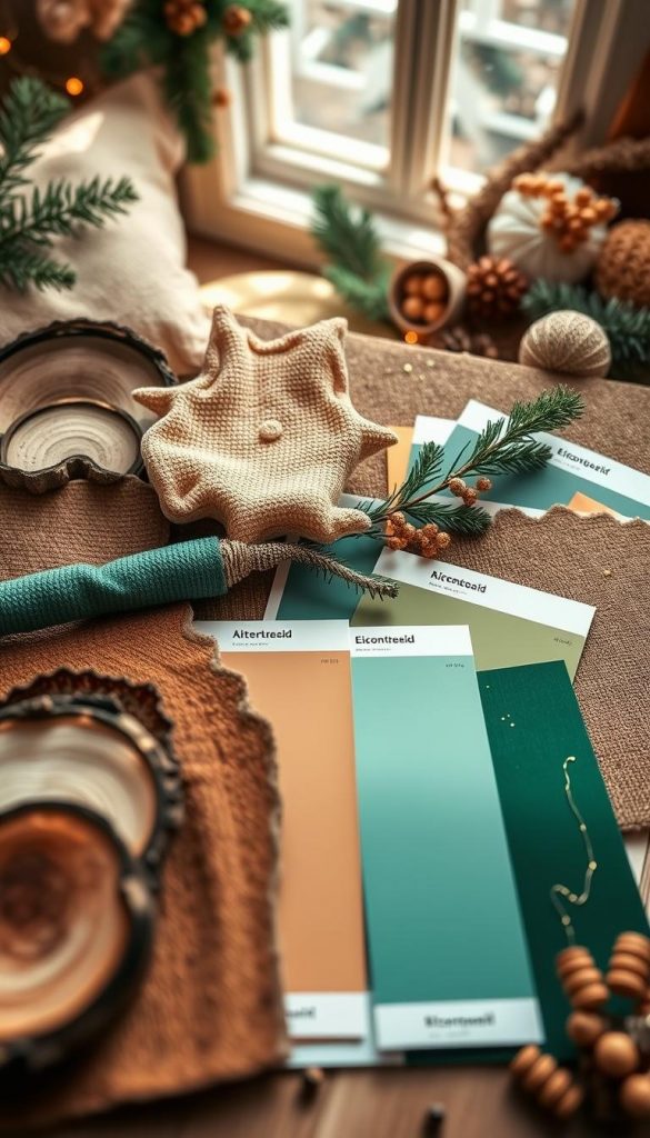 A beautifully arranged flat lay of various "materialien paletten" featuring warm winter colors. The foreground showcases diverse natural materials like wood samples, textured fabrics in deep greens and rich golds, along with paint swatches in earthy tones. The middle ground includes curated color palettes that transition smoothly from soft taupes to vibrant emerald greens, all accented with hints of gold shimmer. In the background, a softly blurred image of a cozy winter-themed setting with warm lighting provides an inviting atmosphere. Use natural sunlight filtering through a window to create a warm glow, capturing the essence of winter decor inspiration. Style the scene to reflect the authentic, DIY aesthetic of the brand "KlickKiste", inviting viewers to explore these cozy winter color ideas.
