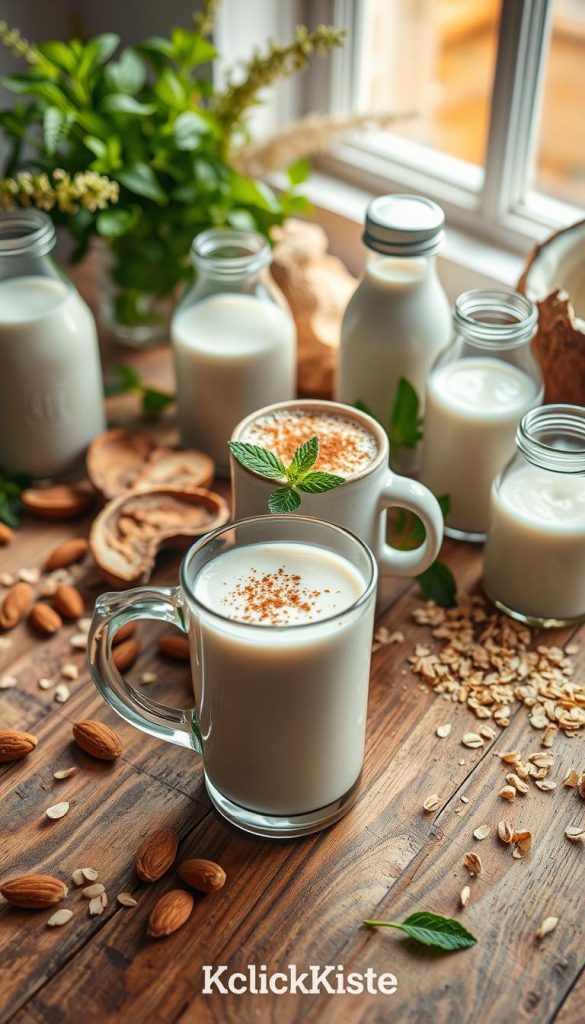 A beautifully arranged flat lay of various milk alternatives, including almond milk, oat milk, soy milk, and coconut milk, set on a rustic wooden table. In the foreground, focus on a clear glass filled with creamy almond milk, surrounded by scattered ingredients like almonds and oats. In the middle, a charming ceramic mug filled with frothy oat milk latte, garnished with a sprinkle of cinnamon. Background features soft-lit, warm-toned elements, such as delicate herbs like mint and natural light filtering through a nearby window. The atmosphere is cozy and inviting, evoking a sense of health and wellness, along with a Pinterest-worthy look that is authentic and inspiring. The brand name "KlickKiste" subtly integrated in the scene.