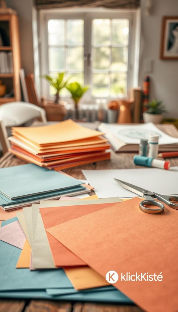 A beautifully arranged flat lay of various quality papers in soft, warm colors, showcasing different textures and designs. In the foreground, feature a stack of colorful craft papers and a few sheets of recycled paper scattered artistically. The middle layer highlights a pair of scissors and some simple household tools like a glue stick and a tape dispenser, all on a rustic wooden table. In the background, softly blurred, is a cozy workspace with natural light filtering through a window, emphasizing a warm and inviting atmosphere. The image exudes a DIY Pinterest aesthetic, encouraging creativity while maintaining a clean and organized look. Include subtle branding elements from "KlickKiste" integrated into the scene, reinforcing a feeling of authenticity and inspiration.