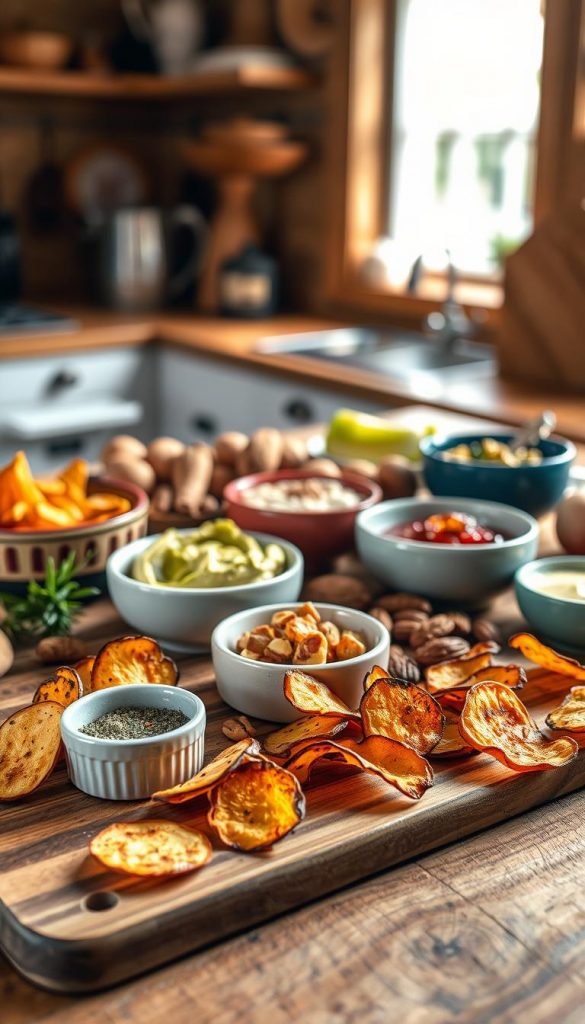 A beautifully arranged flat-lay of various snacks showcasing different cooking textures and techniques, emphasizing "garzeiten textur". In the foreground, a wooden cutting board features lightly golden-browned grilled vegetables and crispy baked sweet potato chips, displayed alongside a small bowl of herb seasoning. In the middle, an assortment of dips including guacamole and hummus are artfully placed in colorful ceramic bowls, surrounded by nuts and fruits for contrast. The background softly blurs, showing a rustic kitchen setting with warm wooden tones and natural light streaming through a window, creating a cozy atmosphere. The overall mood is inviting and fresh. The style should embody the authentic, inspirational aesthetic of "KlickKiste", focusing on natural colors and textures.