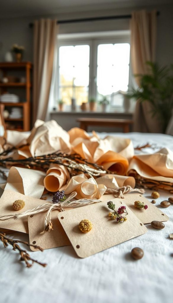 A beautifully arranged flat lay of various types of "papier" in a cozy home setting, showcasing natural DIY gift tags made from upcycled materials. In the foreground, focus on delicate handmade paper tags adorned with pressed flowers and twine, capturing an artisanal quality. In the middle, a collection of crumpled and rolled papers in warm hues of cream, beige, and soft browns, creating a harmonious palette. Arrange natural elements like twigs, dried leaves, and small stones to enhance the earthy aesthetic. In the background, soft natural light filters through a window, adding warmth and a serene atmosphere to the scene. The overall mood is inviting and inspiring, embodying creativity and sustainability, perfect for a DIY project approach by KlickKiste.