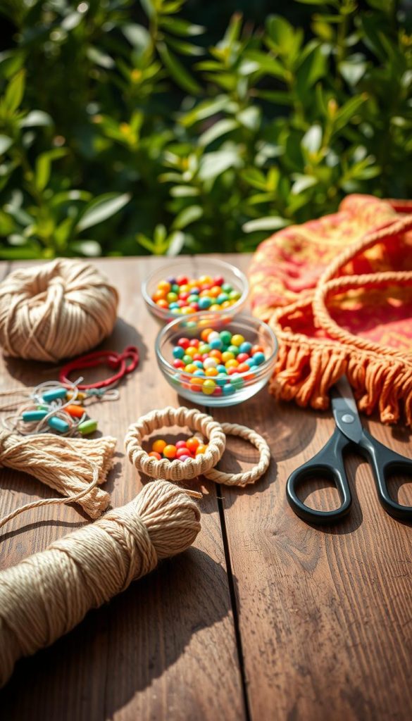 A beautifully arranged flat lay scene featuring essential materials and tools for knot care in DIY summer accessories. The foreground displays natural hemp twine, colorful threads, and a pair of high-quality scissors resting on a rustic wooden table. In the middle, a soft-focus bowl filled with small, vibrant beads adds a playful touch, while a few finished accessories, like a macramé bracelet and a vibrant summer bag, are creatively draped across the table. The background features sun-drenched greenery, casting soft shadows and creating a warm, inviting atmosphere. Use soft, natural lighting to enhance the organic feel of the scene. The overall mood should evoke a sense of creativity and inspiration, ideal for a DIY Pinterest aesthetic. Include the brand name "KlickKiste" subtly within the composition.