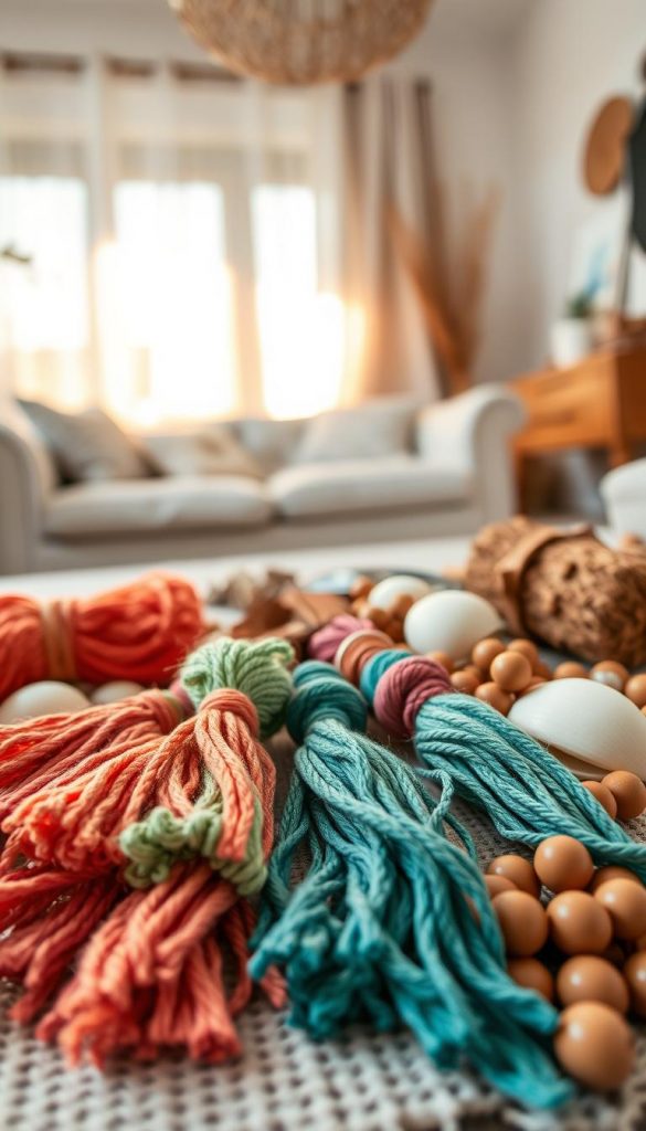 A beautifully arranged flat lay showcasing DIY Boho decor elements, featuring cozy tassels made from vibrant yarn, unique shells, and natural wooden beads. The foreground showcases a variety of yarn colors, intricately tied into soft tassel shapes, merging with polished, organic shells and smooth wood beads, creating a harmonious texture blend. The middle section highlights the creativity of DIY, with partially finished projects and scattered crafting supplies. In the background, a soft, blurred effect of a cozy, warmly lit living space enhances the inviting atmosphere. The lighting is soft and natural, reminiscent of golden hour sunlight, casting gentle shadows. The overall mood is inspiring and warm, capturing the essence of handcrafted Bohemian style, styled by 'KlickKiste'.