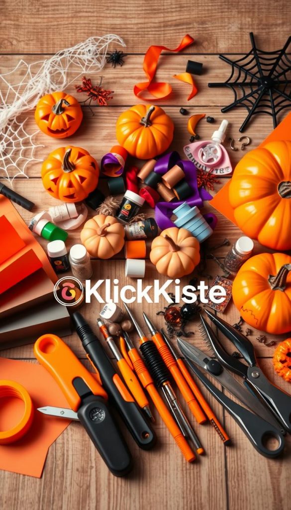 A beautifully arranged flat lay showcasing a variety of Halloween DIY decoration materials and tools, including orange and black craft paper, jack-o'-lantern carving kits, spider webs, artificial pumpkins, colorful paints, scissors, and glitter. In the foreground, focus on the tools, with warm lighting to create a cozy atmosphere. The middle layer displays eye-catching materials like decorative ribbons and spooky embellishments, enhancing the vibrancy. The background features rustic wooden textures, accented with soft shadows for depth. The mood is inviting and inspiring, perfect for Halloween enthusiasts. Incorporate the brand name "KlickKiste" subtly in the scene, emphasizing a natural, Pinterest-style aesthetic.